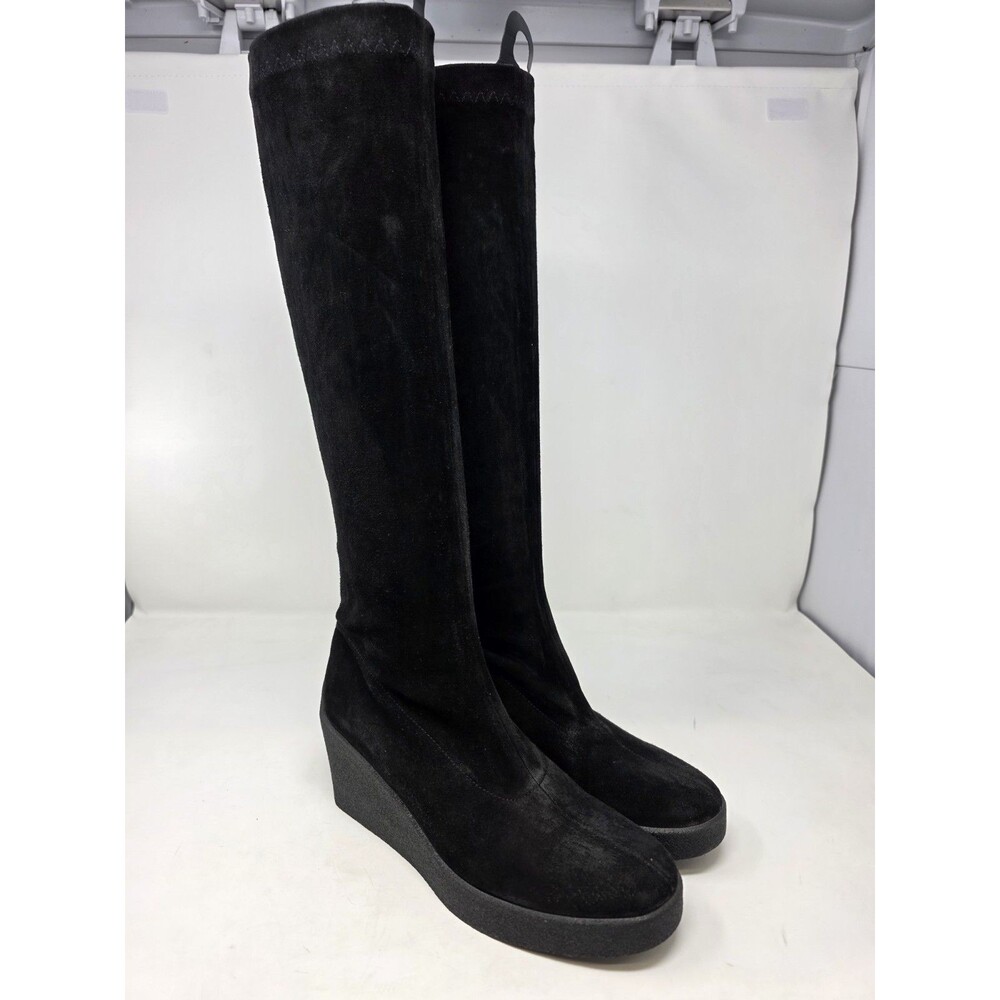 Robert Clergerie Women's Black Stretch Suede Wedge Knee Boots US 7.5